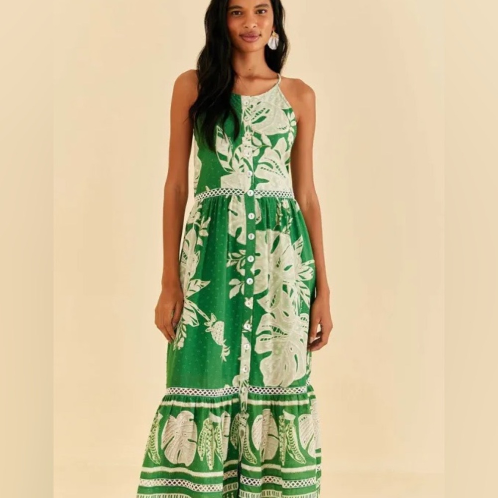 FARM RIO Green Lace Monsteras Midi Dress NWT